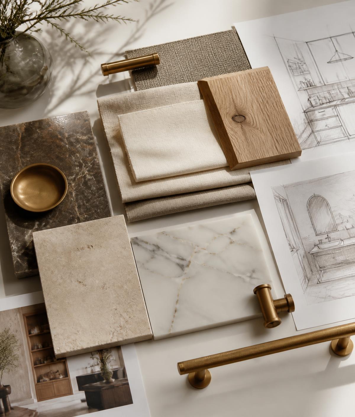 Interior design material palette with taupe fabrics, marble, oak and brass hardware selected for a Las Vegas project