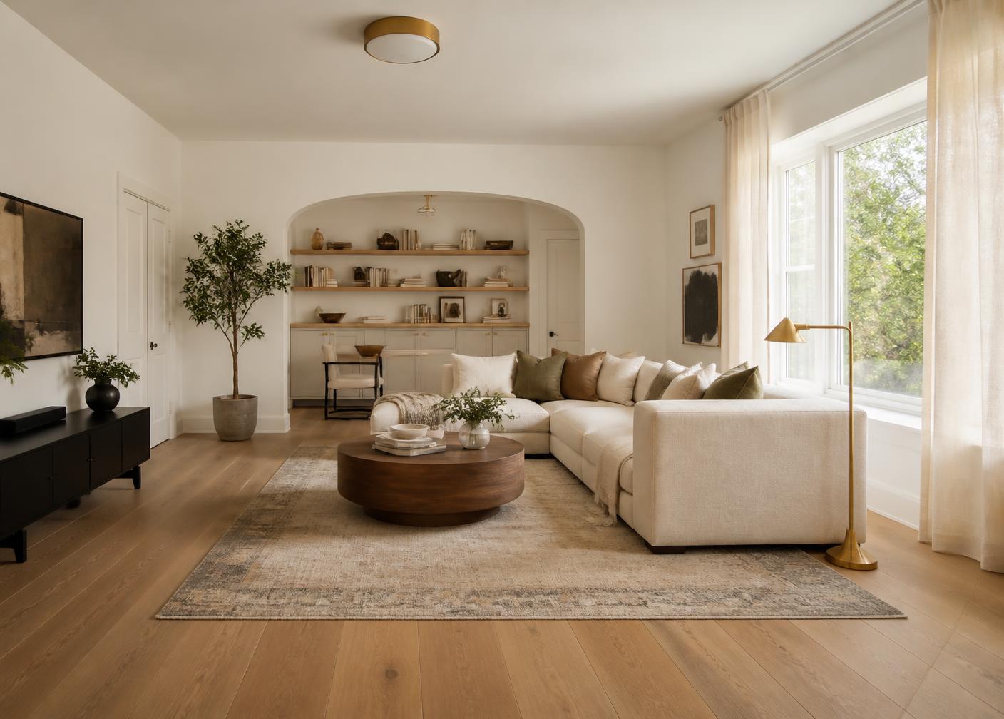 The same Las Vegas living room after interior design with oak floors, sectional, and art