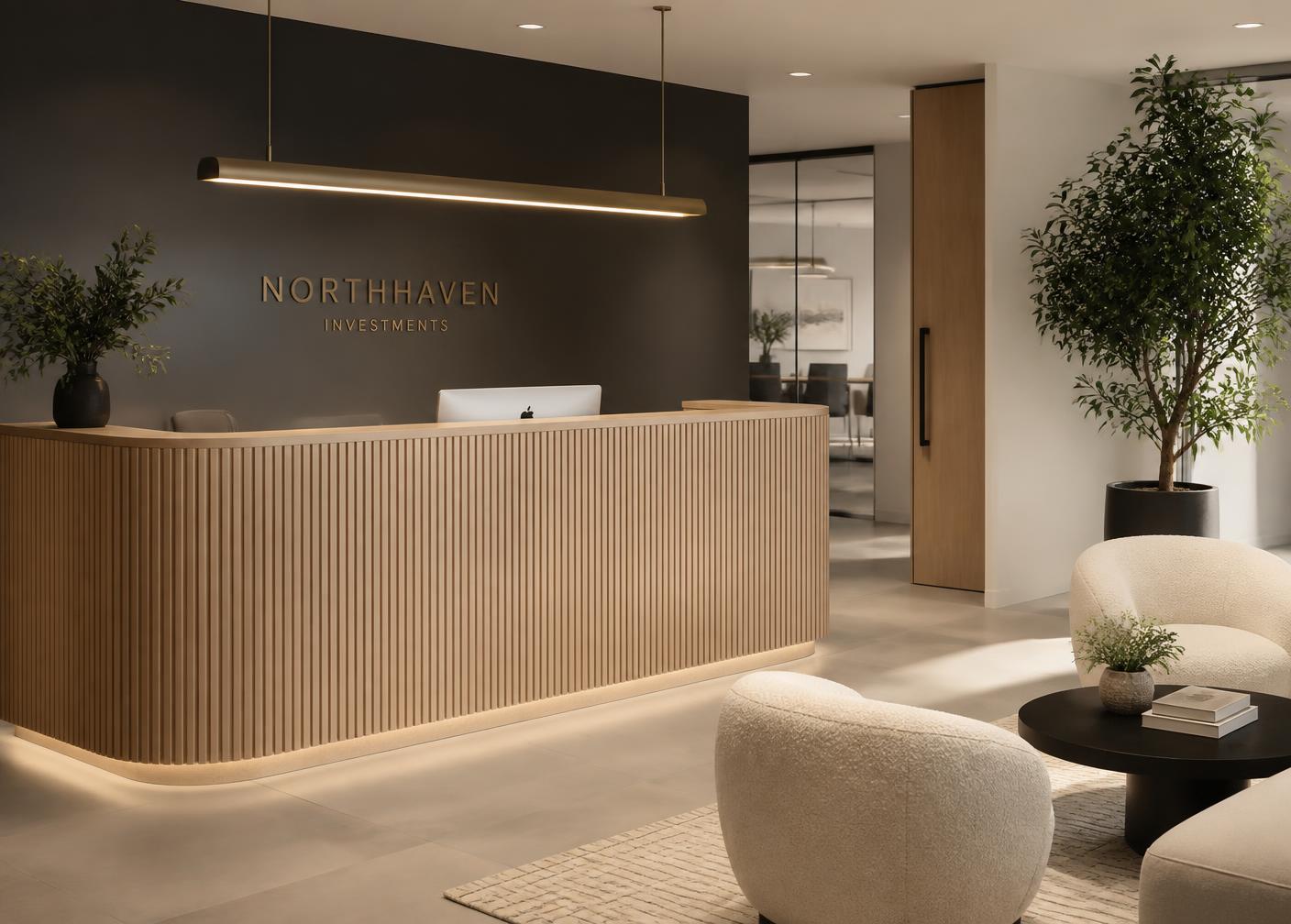 Office reception after Las Vegas commercial interior design with fluted oak desk and brass lighting