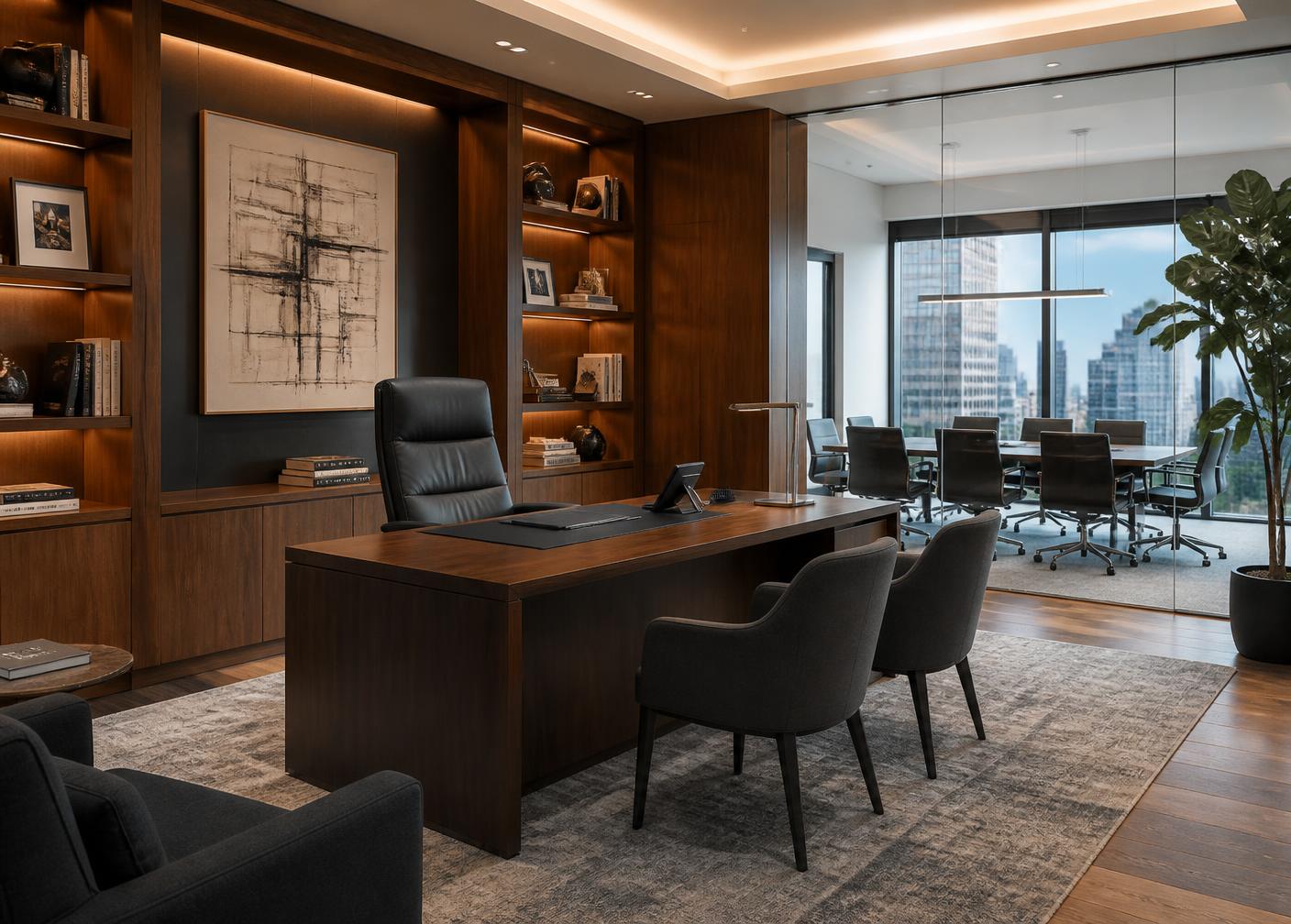 Office interior design Las Vegas executive suite with walnut millwork and charcoal seating