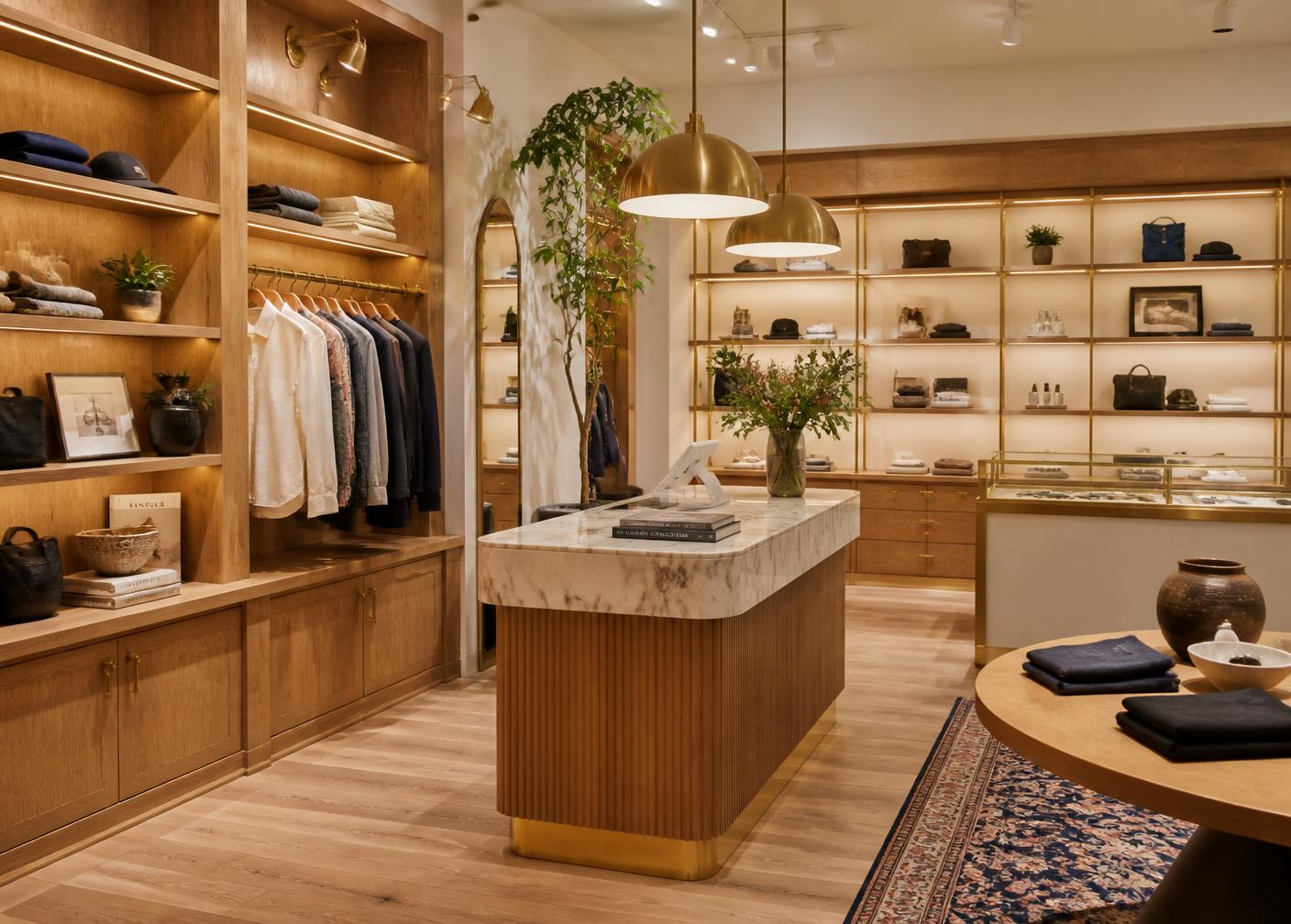 Commercial interior design Las Vegas boutique retail store with oak fixtures and brass lighting